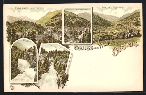 Lithographie Gastein, Teilansicht v. d. Schillerhöhe, Blick nach Hofgastein, Der obere Fall