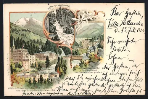Künstler-AK Gastein, Grand-Hotel Gasteiner Hof, Schwarzenbergsanlagen, Wasserfall