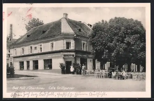 AK Bad Hall /Oberdonau, Café Grillparzer mit Vorplatz