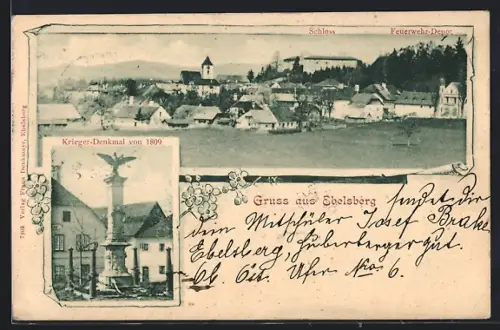 AK Linz-Ebelsberg, Kriegerdenkmal von 1809, Teilansicht mit Schloss und Feuerwehr
