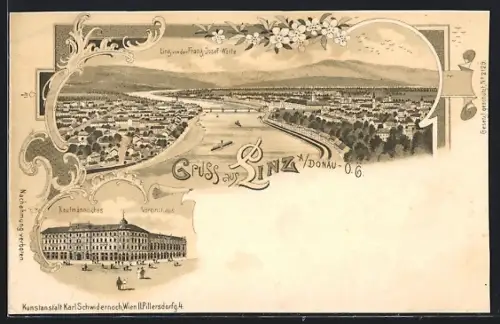 Lithographie Linz /Donau, Kaufmännisches Vereinshaus, Ortsansicht