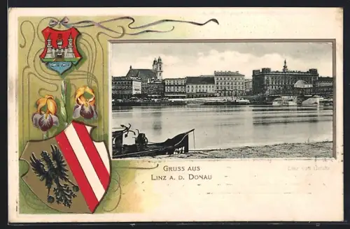 Passepartout-Lithographie Linz a. d. Donau, Stadtansicht, Wappen, Lilien