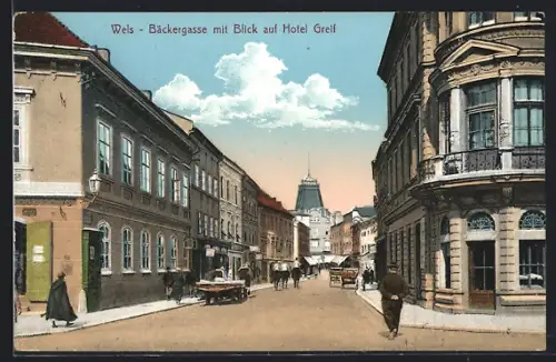 AK Wels, Bäckergasse mit Blick auf Hotel Greif