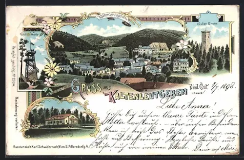 Lithographie Kaltenleutgeben, Restaurant auf dem Gaisberg, Josef-Warte, Julien Thurm, Ortsansicht
