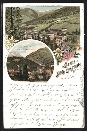 Lithographie Bad Gastein, St. Nicolaus mit Hotel Hirsch u. Hotel Germania, Ortsansicht von der Schillerhöhe