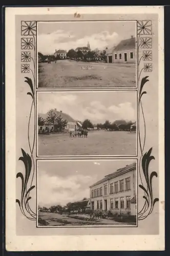 AK Engelhartstetten, Groissenbrunn im Marchfeld, Strassenpartien mit Kirche, Kindern und Volksschule