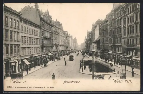 AK Wien, Alserstrasse mit Geschäften und Strassenbahn