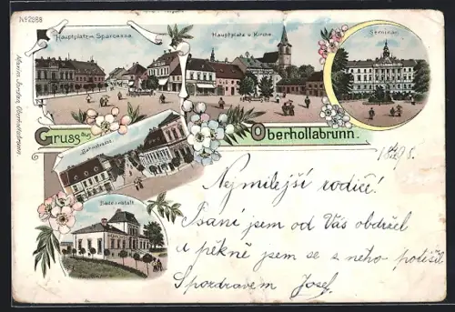 Lithographie Oberhollabrunn, Hauptplatz mit Sparcassa, Seminar, Badeanstalt
