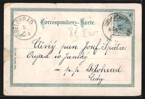 Lithographie Oberhollabrunn, Hauptplatz mit Sparcassa, Seminar, Badeanstalt