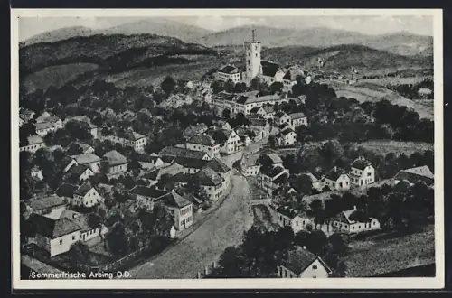 AK Arbing, Ortsansicht mit Burg und Gebirgspanorama