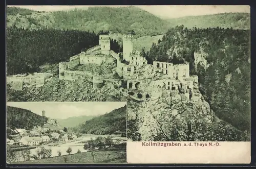 AK Kollmitzgraben a. d. Thaya, Ortsansicht mit Burgruine