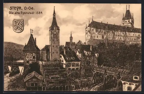 AK Steyr, Ortsansicht aus der alten Eysnstadt 1584, Wappen