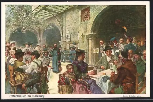 Künstler-AK Salzburg, Gasthaus Peterskeller, Innenansicht