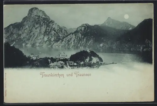 Mondschein-AK Traunkirchen /Traunsee, Panorama mit Bergen