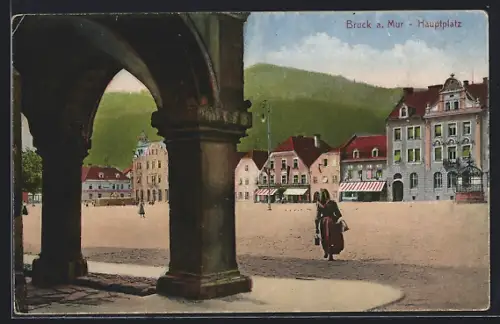 AK Bruck an der Mur, Hauptplatz mit Geschäften und Personen