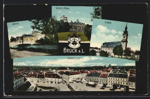 AK Bruck a.L., Schloss Prugg, Kirche & Totalansicht