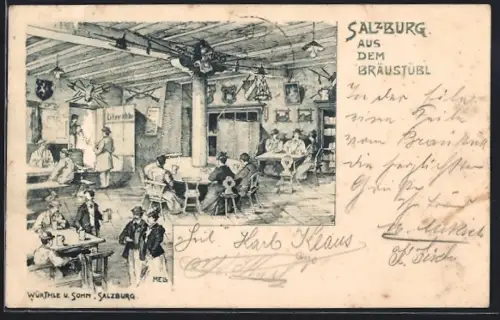 Künstler-AK Salzburg, Gasthaus Bräustübl, Innenansicht