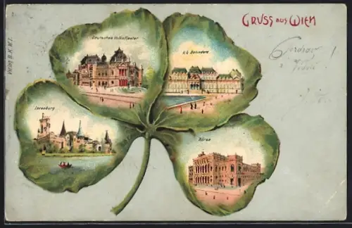 Passepartout-Lithographie Wien, Deutsches Volkstheater, Börse, Laxenburg, Kleeblatt