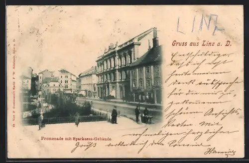 AK Linz a. D., Promenade mit Sparkassa-Gebäude