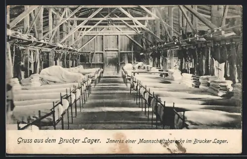 AK Brucker Lager, Inneres einer Mannschaftsbaracke im Lager