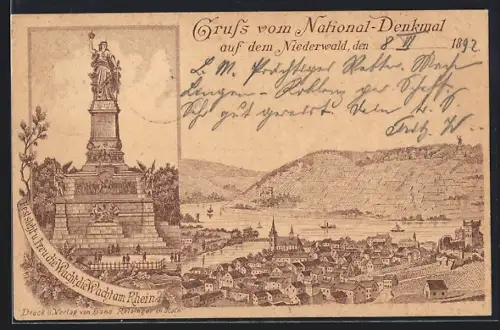 Vorläufer-Lithographie Niederwald am Rhein, 1892, National Denkmal auf dem Hügel, Ortsansicht mit Rheinpartie