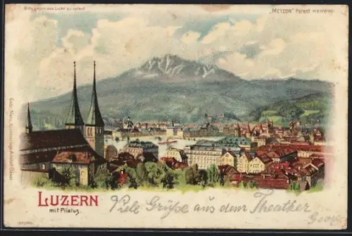 Lithographie Luzern, Teilansicht mit Pilatus, Mondschein bei Halt gegen das Licht