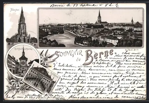 Vorläufer-Lithographie Berne, 1893, Münster, Zeitglockenthurm, Rathaus, Stadtpanorama