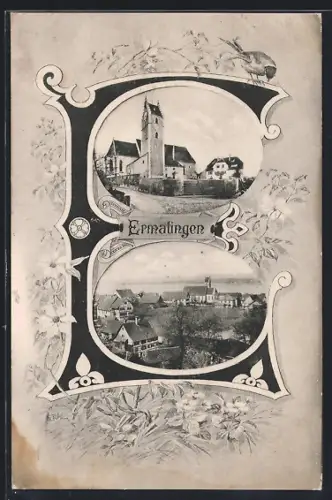 AK Ermatingen, Buchstabe E mit Blick zur Kirche und Ortspanorama