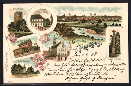 Lithographie Priebus, Gasthof Stadt Berlin, Bahnhof, Kirche Podroische