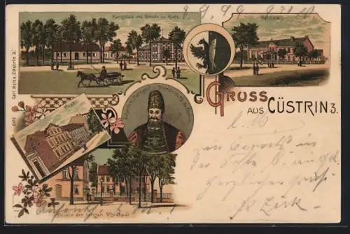 Lithographie Cüstrin, Betsaal, Post, Marktplatz und Schule zu Kietz