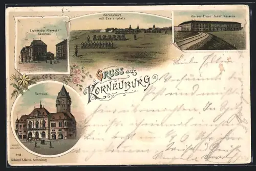 Lithographie Korneuburg, Kaiser Franz Josef Kaserne, Erzherzog Albrecht Kaserne, Rathaus, Exzerzirplatz
