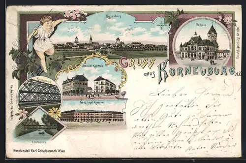 Lithographie Korneuburg, Albrecht-Kaserne, Kriegs- und Eifelbrücke, Rathaus