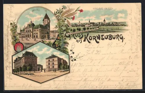 Lithographie Korneuburg, Rathhaus, Ortsansicht von Süden, Erzh. Albrecht Kaserne