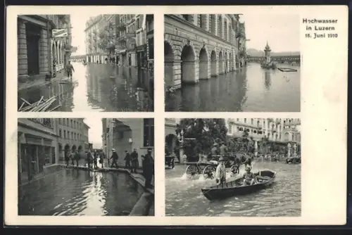 AK Luzern, Überschwemmte Strassen mit Passanten auf Stegen und im Boot, Hochwasser 1910