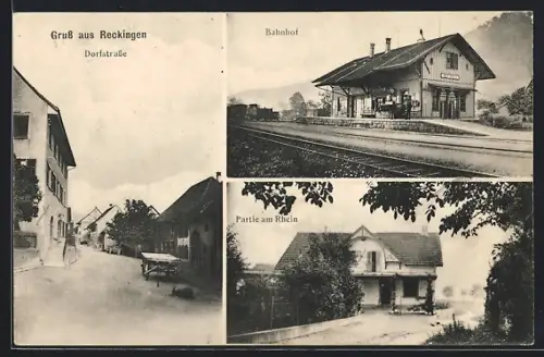 AK Reckingen, Bahnhof, Partie am Rhein, Blick in die Dorfstrasse