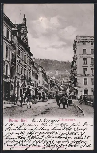 AK Bienne-Biel, Nidaustrasse mit Wohngebäuden und Geschäften