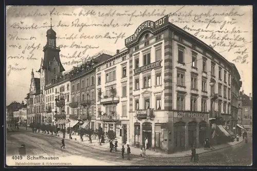 AK Schaffhausen, Strassenpartie mit Hotel Rheinischer Hof und Hotel-Pension National