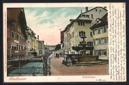 AK Schaffhausen, Bachstrasse mit Brunnen und Restaurant von R. Wurster