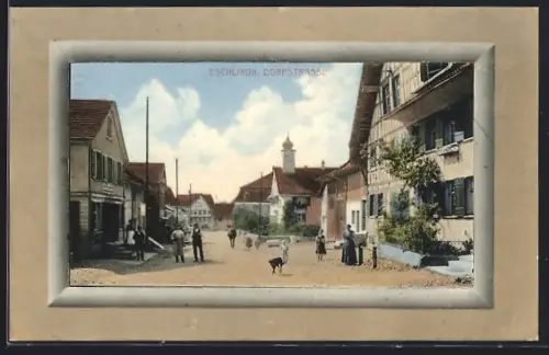 Passepartout-AK Eschlikon, Dorfstrasse mit Anwohnern und Hund