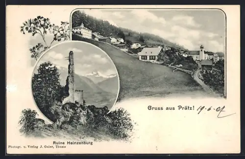 AK Cazis, Gruss aus Präz, Ruine Heinzenburg und Ortsansicht