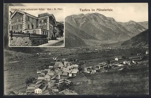 AK Taufers im Münstertale, Gasthof zum schwarzen Adler, Bes. B. Fliri, Ortsansicht aus der Vogelschau