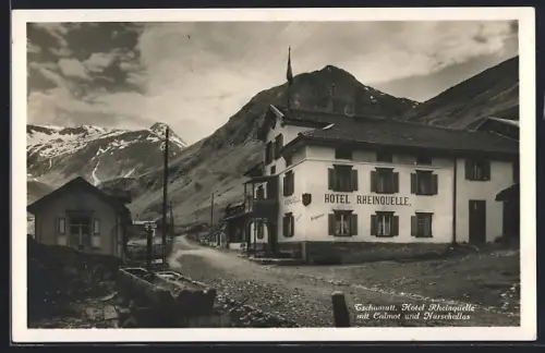AK Tschamutt, Hotel Rheinquelle mit Calmot und Nurschallas