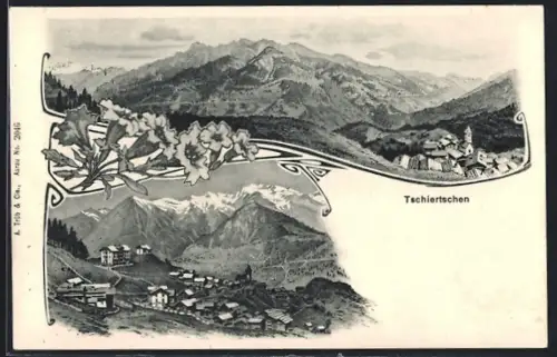 AK Tschiertschen, Ortsansicht mit Berglandschaft