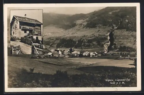 AK Vigens /Lugnezer Tal, Pension Derungs, Ortsansicht vom Berghang aus