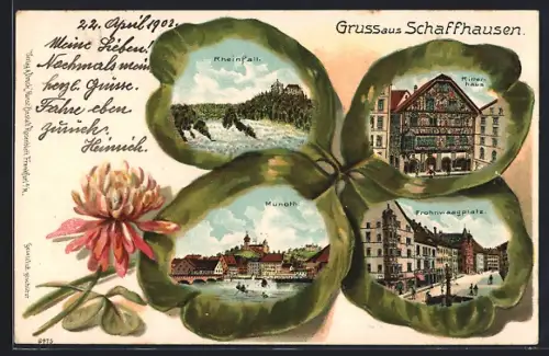 Passepartout-Lithographie Schaffhausen, Ansichten auf Kleeblatt, Frohnwaagplatz, Ritterhaus, Rheinfall