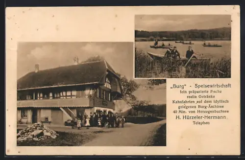 AK Burgäschi, Gasthof Burg, H. Hürzeler-Hermann, Urlauber auf Kähnen auf dem Äschisee