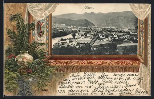 AK Olten, Ortsansicht mit Durchblick aus Fenster mit Glasmalereien