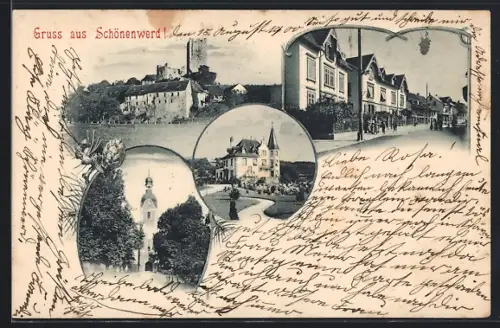 AK Schönenwerd, Strassenpartie mit Wohnhäusern, Ruine Falkenstein, Blick auf die Kirche