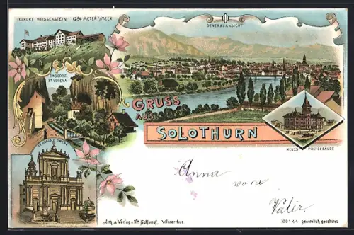 Lithographie Solothurn, Totalansicht mit Alpenkette, Kurort Weissenstein, Einsiedelei St. Verena, St. Ursus Kirche