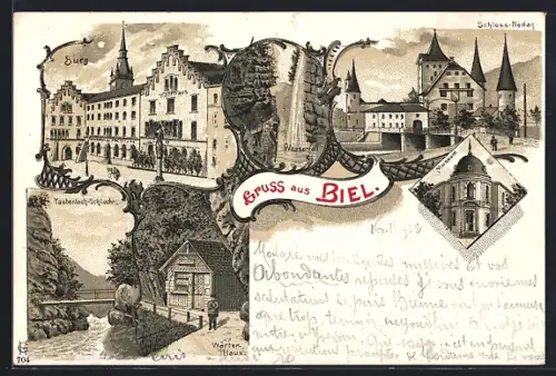 Lithographie Biel, Schloss Nedan, Burg, Taubenloch-Schlucht, Museum